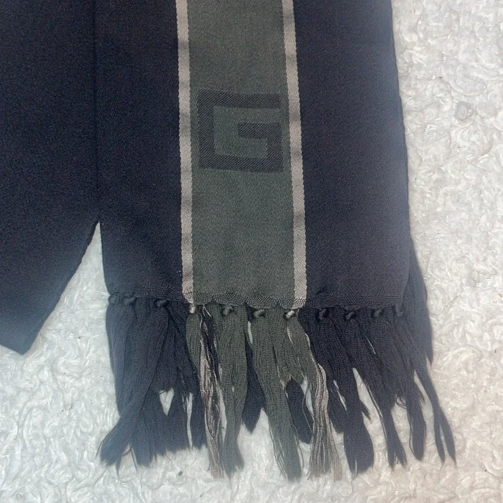 Gucci G Logo Wool Silk Unisex Scarf with Fringe in Black Gray Colorblock Stripe